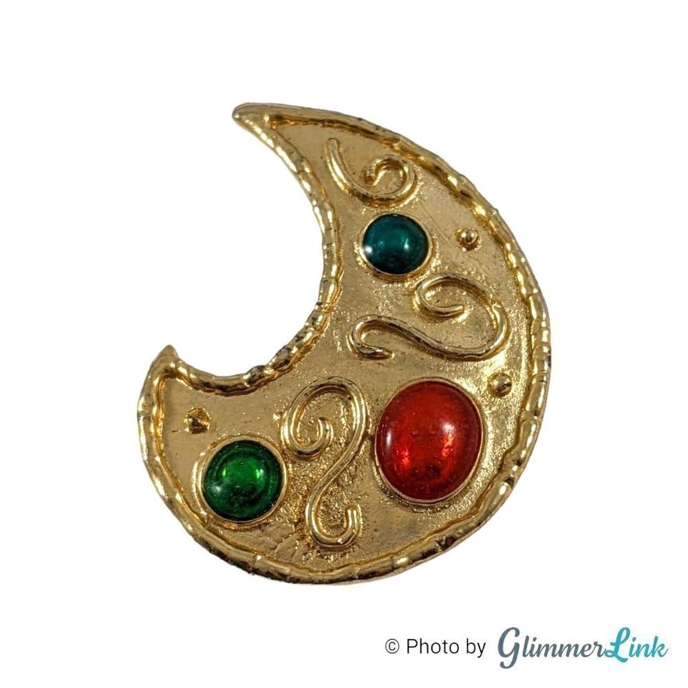 Vintage Paisley Crescent Multicolor Cabochon Etruscan Style Gold Tone Brooch